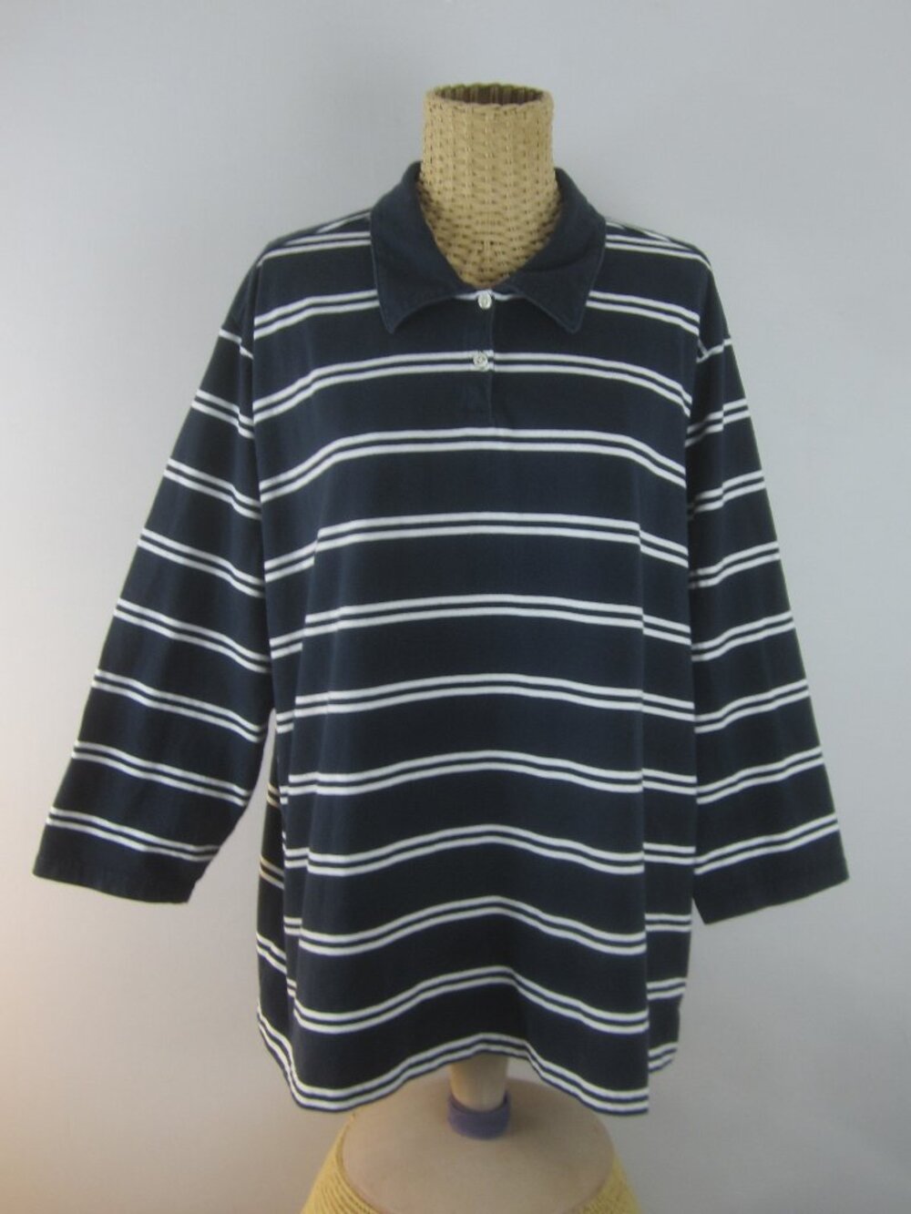 LL Bean Woman Plus 3X Navy Blue White Stripe Polo Shirt Peru Cotton 3/4 Sleeves